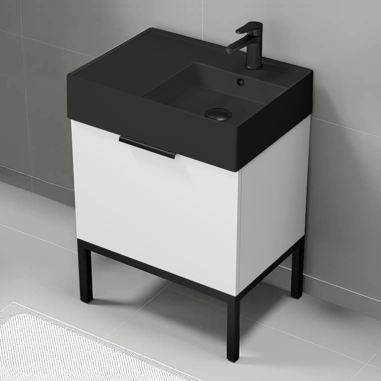 Nameeks DERIN695 Small Bathroom Vanity With Black Sink, Floor Standing, 24 Inch, Glossy White